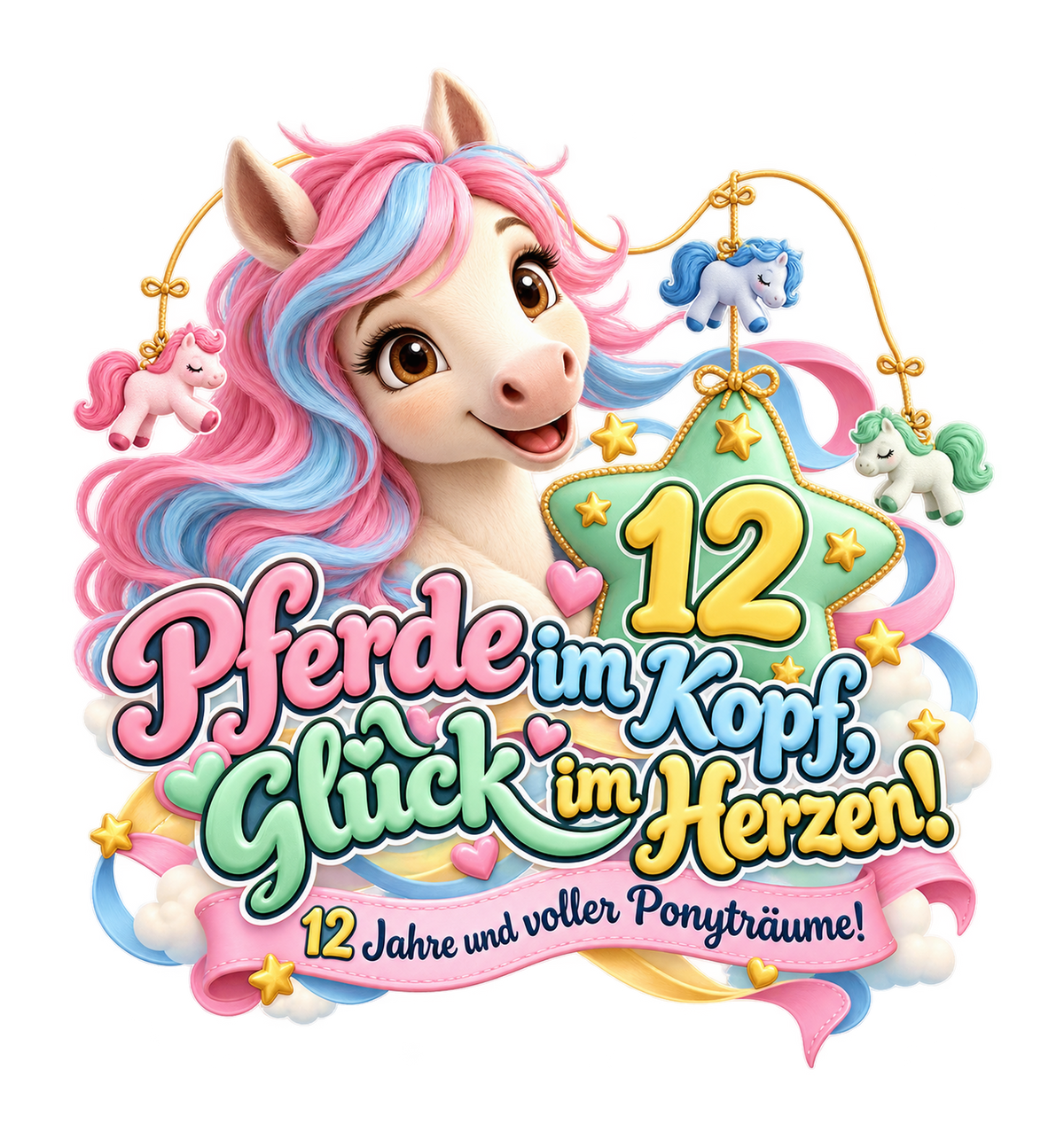 Motiv: Pferde im Kopf, Glück im Herzen! (12 Jahre) – Kinder-T-Shirt – KI-gestaltetes Pferdemotiv