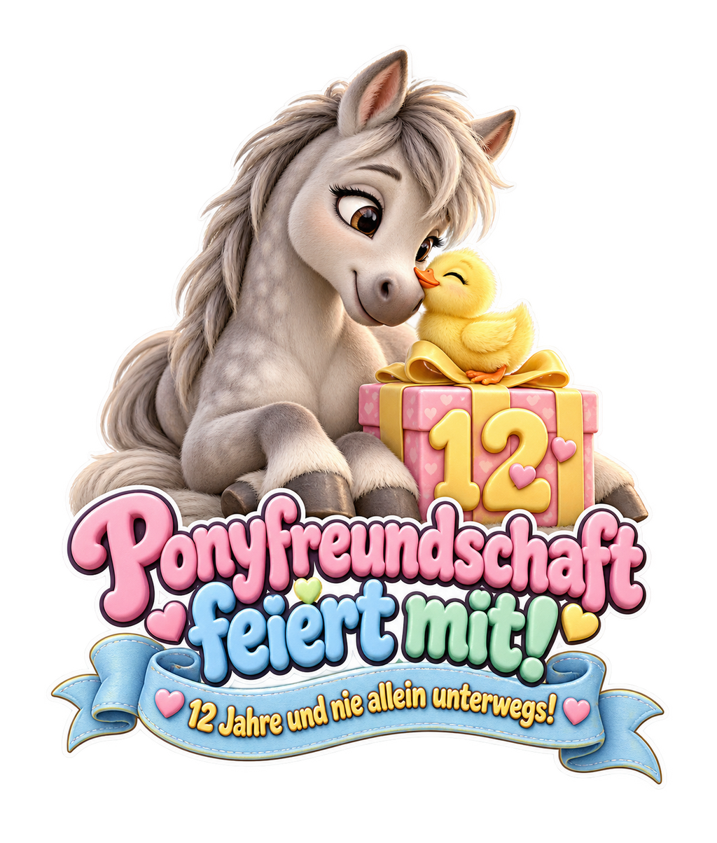Motiv: Ponyfreundschaft feiert mit! (12 Jahre) – Kinder-Hoodie – KI-gestaltetes Pferdemotiv