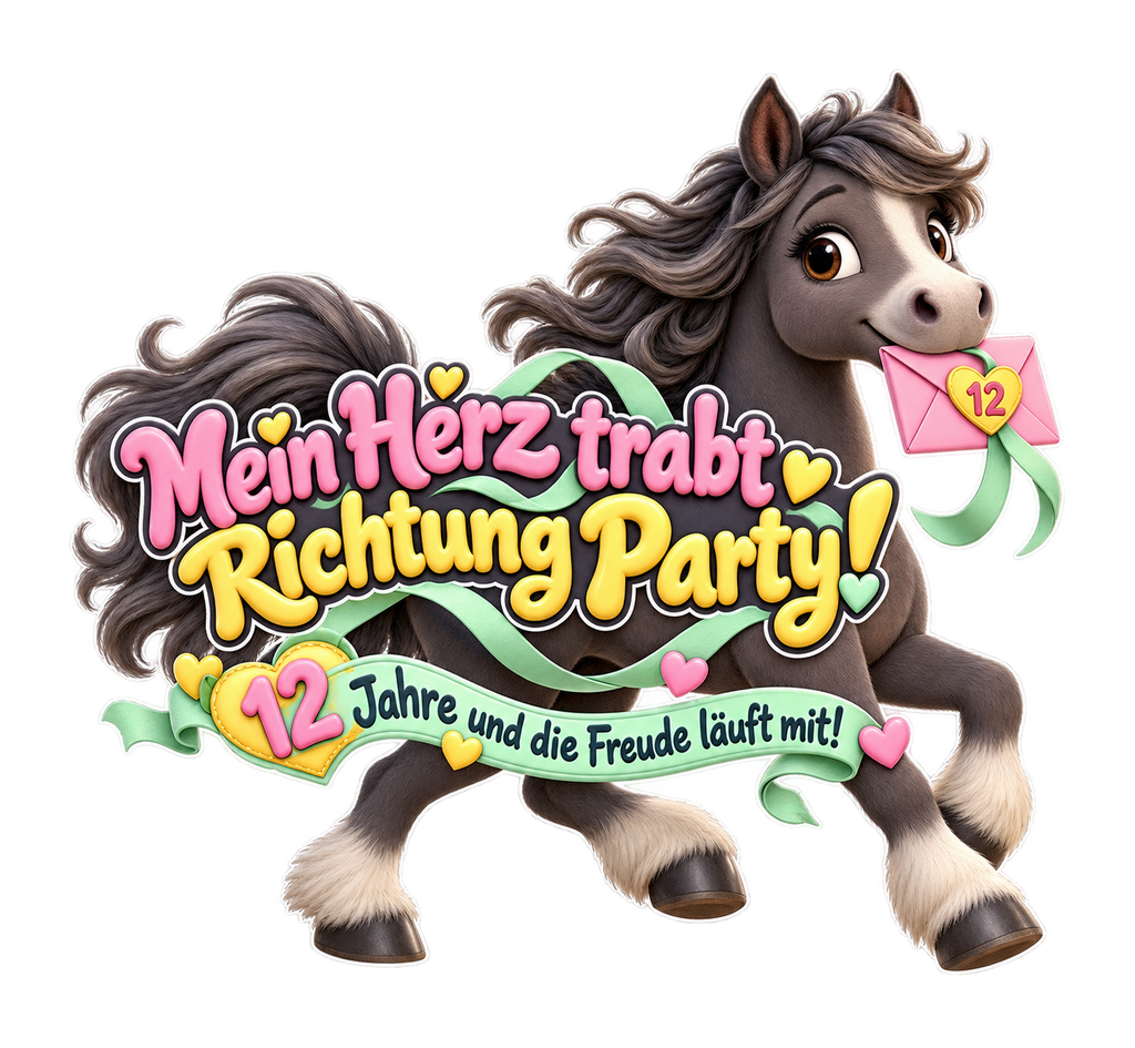 Motiv: Mein Herz trabt Richtung Party! (12 Jahre) – Kinder-T-Shirt – KI-gestaltetes Pferdemotiv