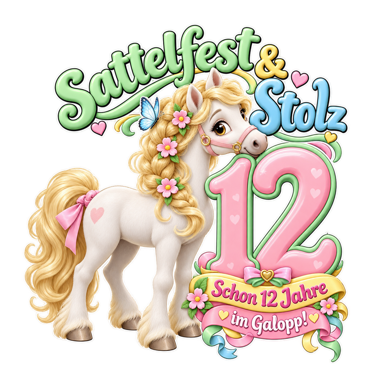 Motiv: Sattelfest und Stolz (12 Jahre) – Kinder-T-Shirt – KI-gestaltetes Pferdemotiv