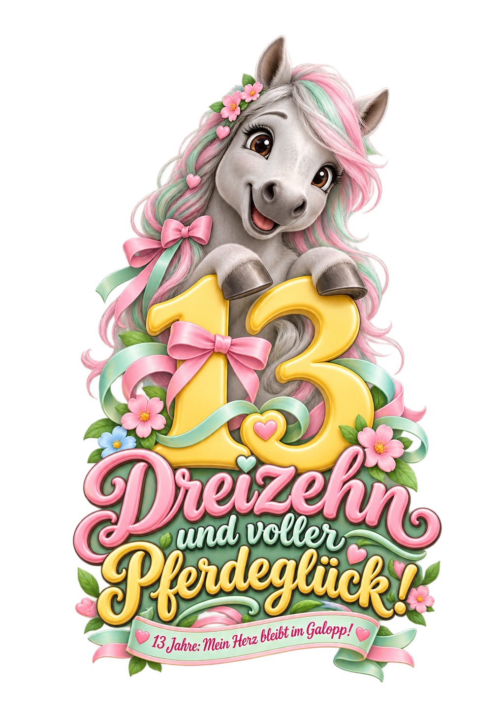 Motiv: Dreizehn und voller Pferdeglück! (13 Jahre) – Kinder-Hoodie – KI-gestaltetes Pferdemotiv