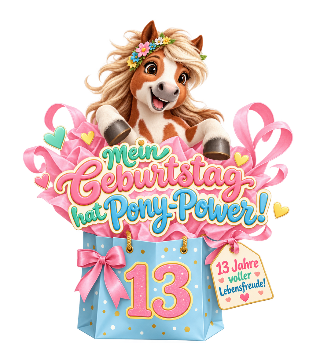 Motiv: Mein Geburtstag hat Pony-Power! (13 Jahre) – Kinder-T-Shirt – KI-gestaltetes Pferdemotiv