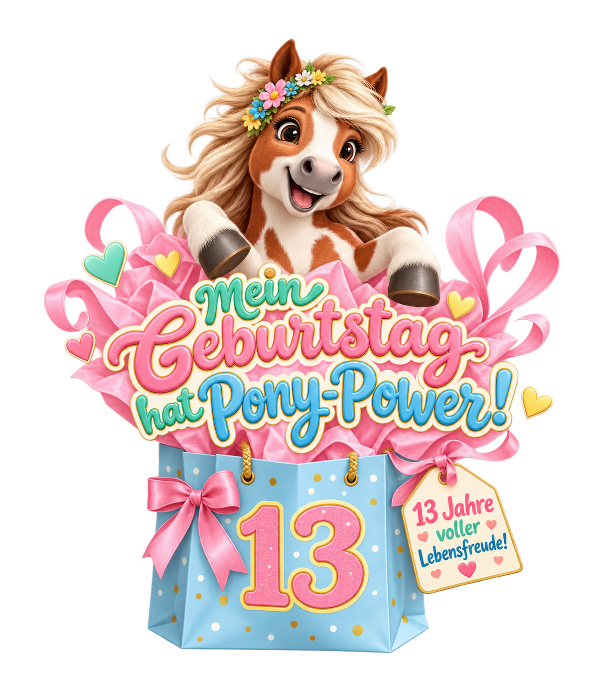 Motiv: Mein Geburtstag hat Pony-Power! (13 Jahre) – Kinder-T-Shirt – KI-gestaltetes Pferdemotiv