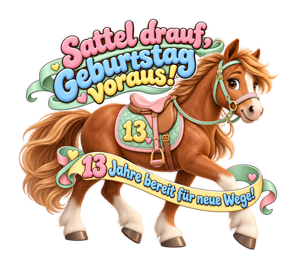 Motiv: Sattel drauf, Geburtstag voraus! (13 Jahre) – Kinder-Hoodie – KI-gestaltetes Pferdemotiv