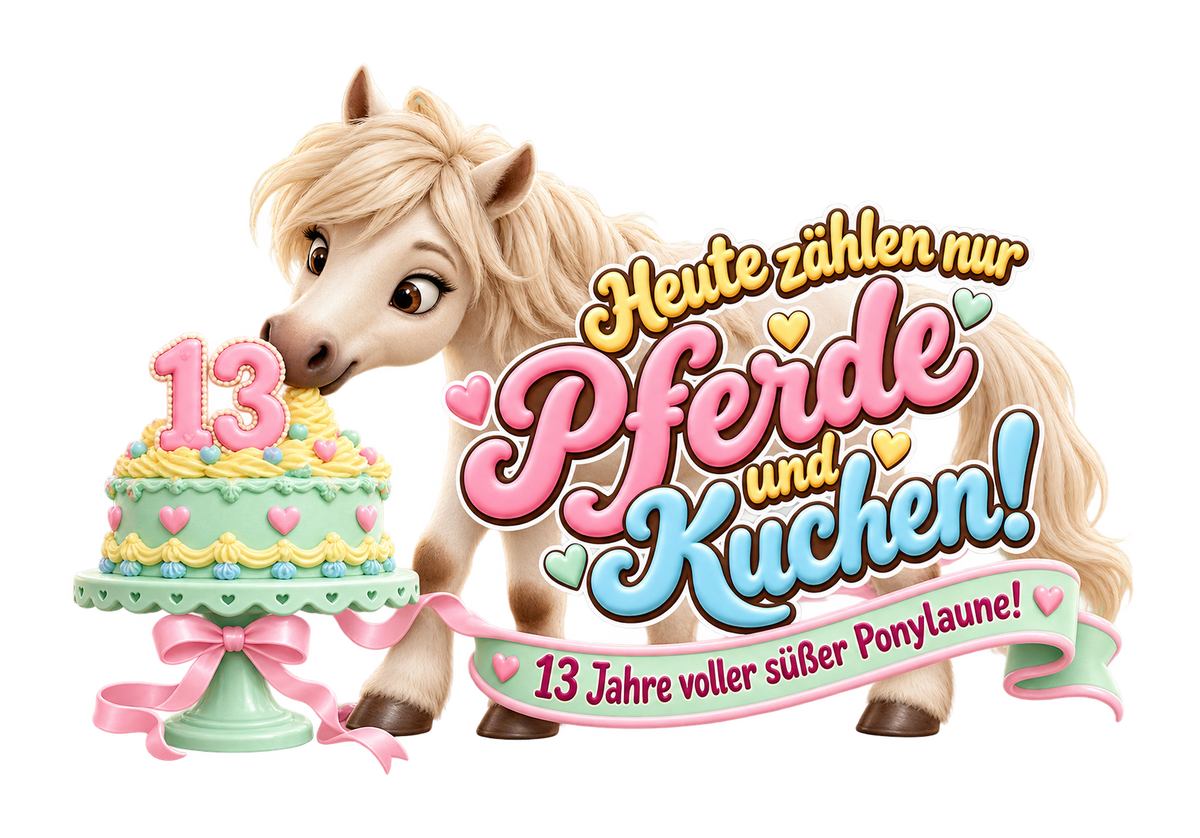 Motiv: Heute zählen nur Pferde und Kuchen! (13 Jahre) – Kinder-Hoodie – KI-gestaltetes Pferdemotiv