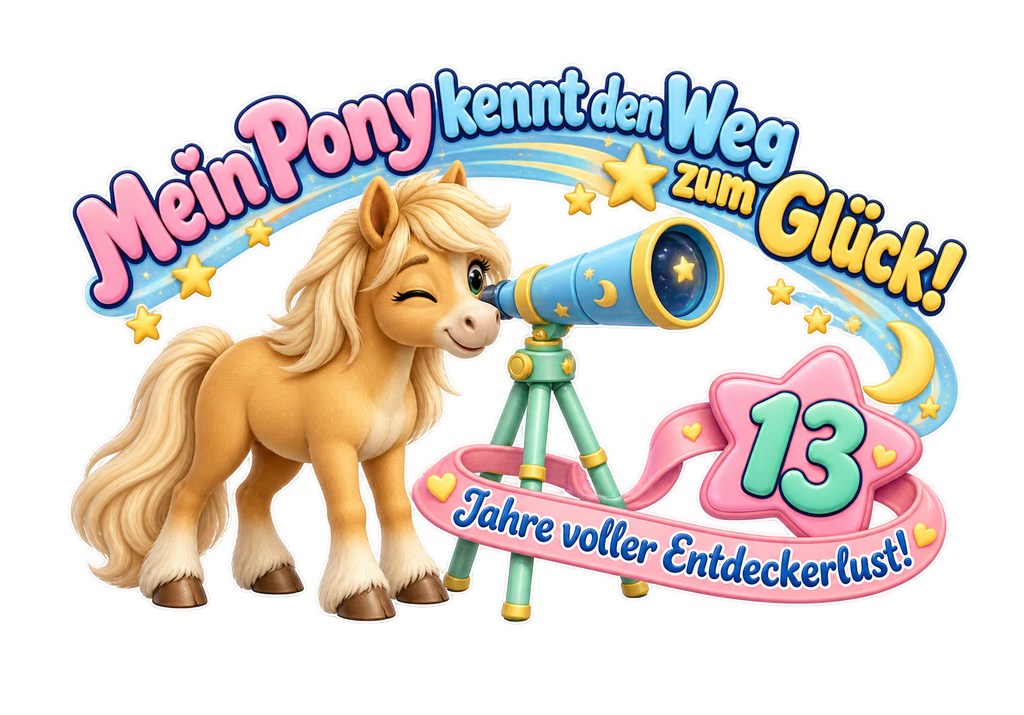Motiv: Mein Pony kennt den Weg zum Glück! (13 Jahre) – Kinder-Hoodie – KI-gestaltetes Pferdemotiv