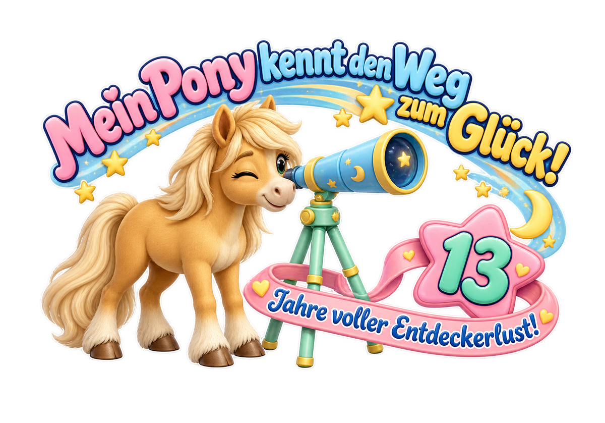 Motiv: Mein Pony kennt den Weg zum Glück! (13 Jahre) – Kinder-Hoodie – KI-gestaltetes Pferdemotiv