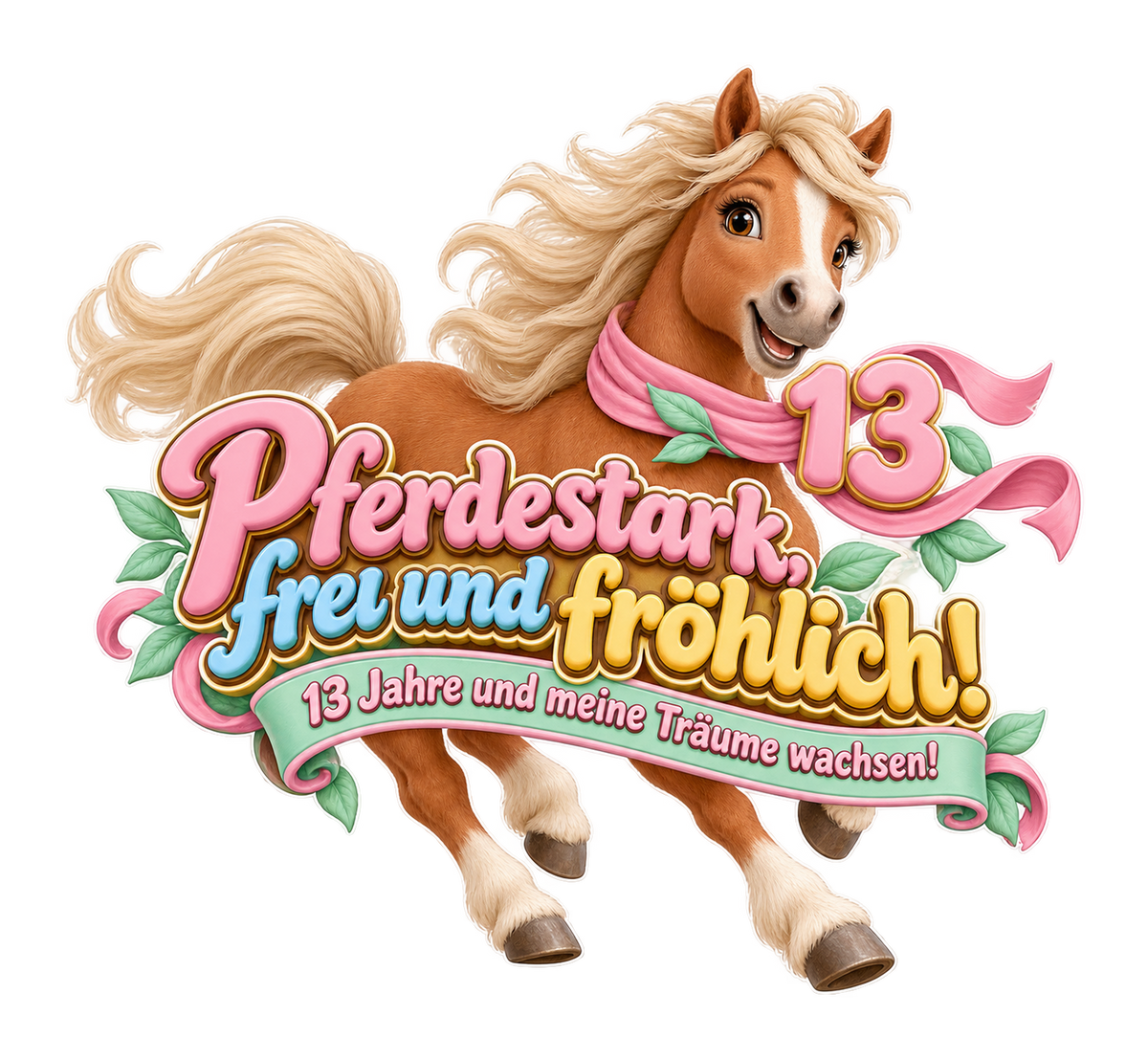 Motiv: Pferdestark, frei und fröhlich! (13 Jahre) – Kinder-Hoodie – KI-gestaltetes Pferdemotiv