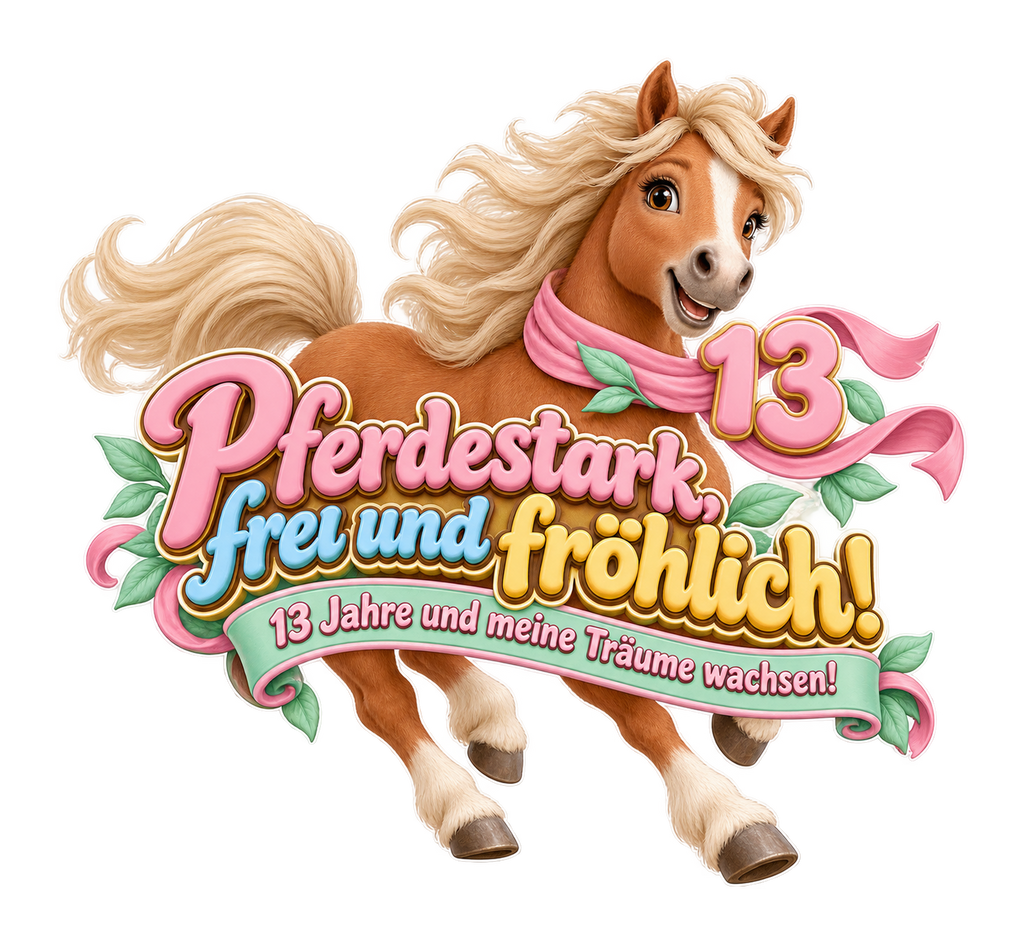 Motiv: Pferdestark, frei und fröhlich! (13 Jahre) – Kinder-Pullover – KI-gestaltetes Pferdemotiv