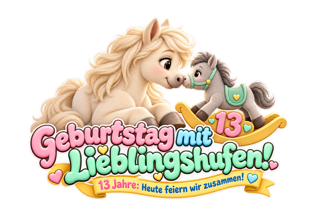 Motiv: Geburtstag mit Lieblingshufen! (13 Jahre) – Kinder-T-Shirt – KI-gestaltetes Pferdemotiv