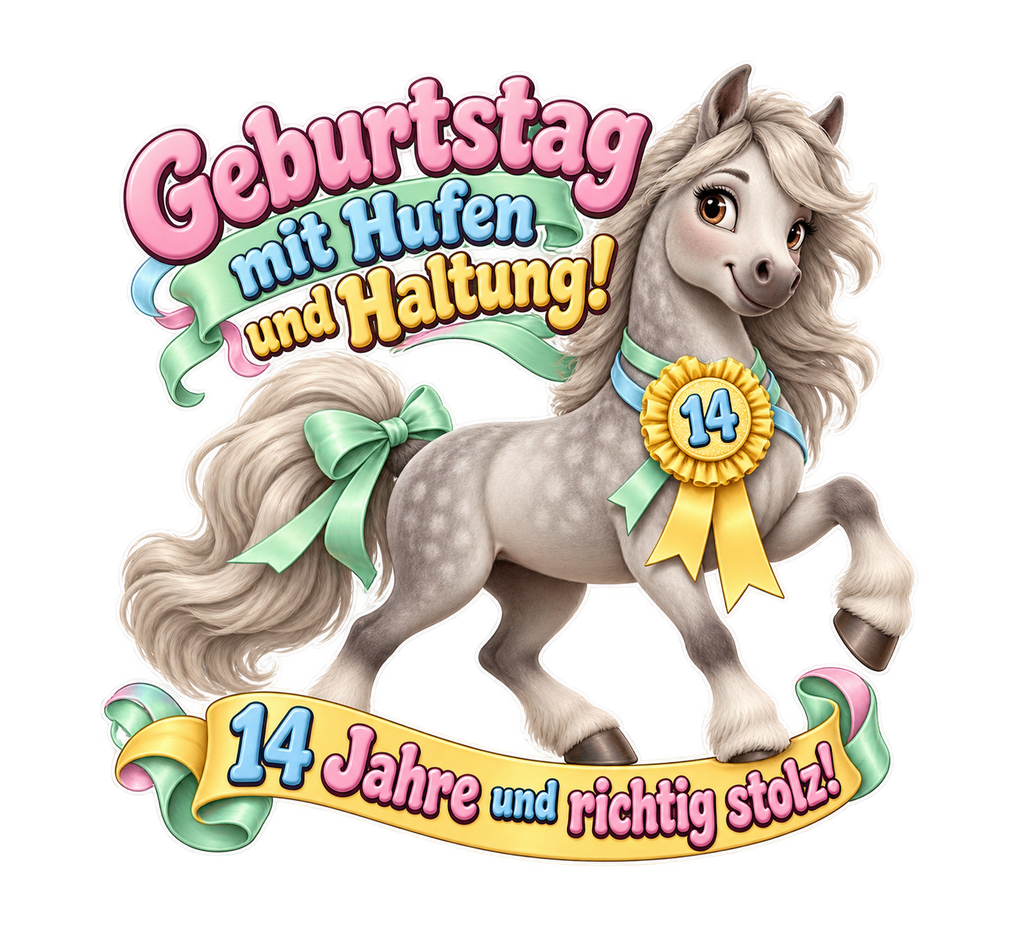 Motiv: Geburtstag mit Hufen und Haltung! (14 Jahre) – Kinder-Hoodie – KI-gestaltetes Pferdemotiv