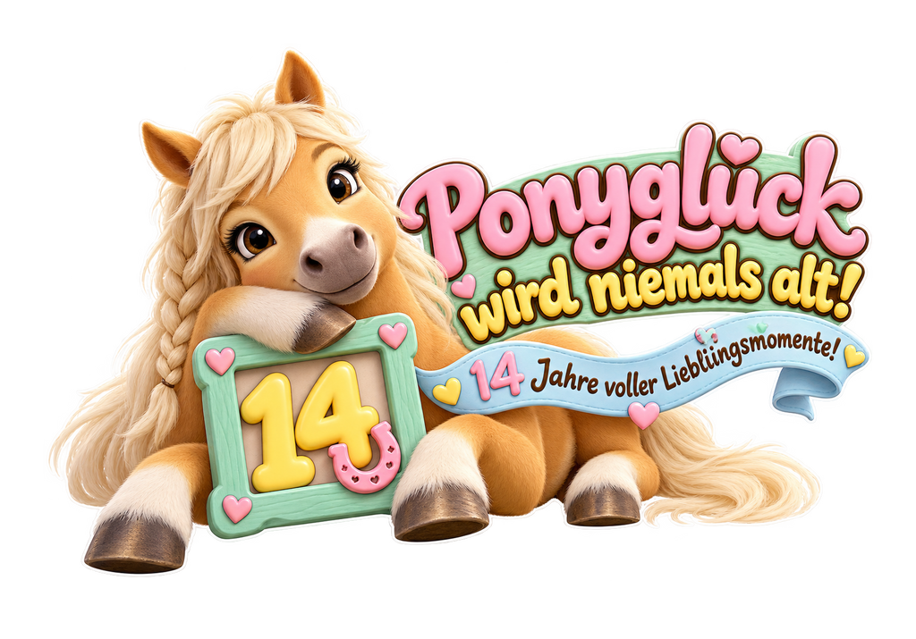 Motiv: Ponyglück wird niemals alt! (14 Jahre) – Kinder-T-Shirt Bio – KI-gestaltetes Pferdemotiv