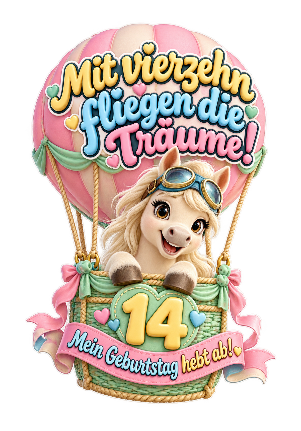 Motiv: Mit vierzehn fliegen die Träume! (14 Jahre) – Kinder-Hoodie – KI-gestaltetes Pferdemotiv