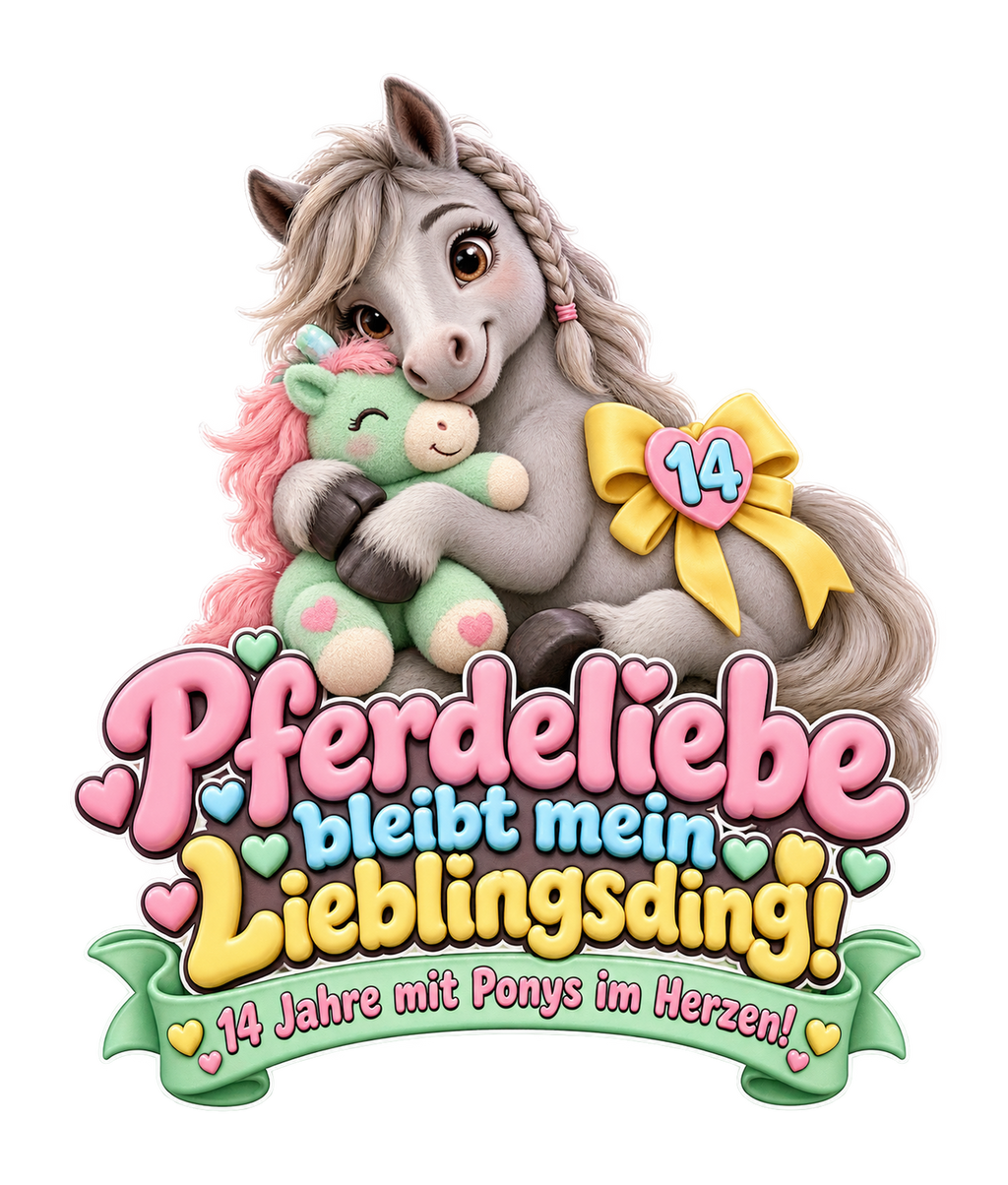 Motiv: Pferdeliebe bleibt mein Lieblingsding! (14 Jahre) – Kinder-T-Shirt – KI-gestaltetes Pferdemotiv