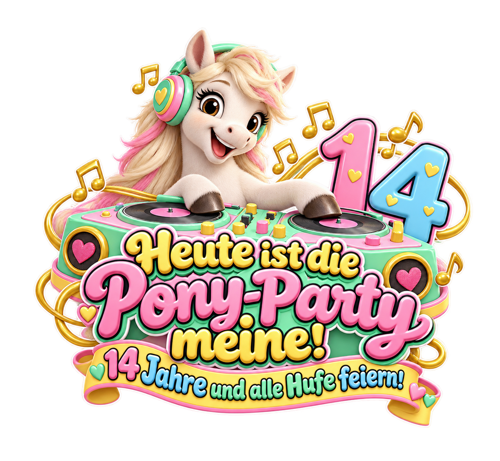 Motiv: Heute ist die Pony-Party meine! (14 Jahre) – Kinder-T-Shirt – KI-gestaltetes Pferdemotiv