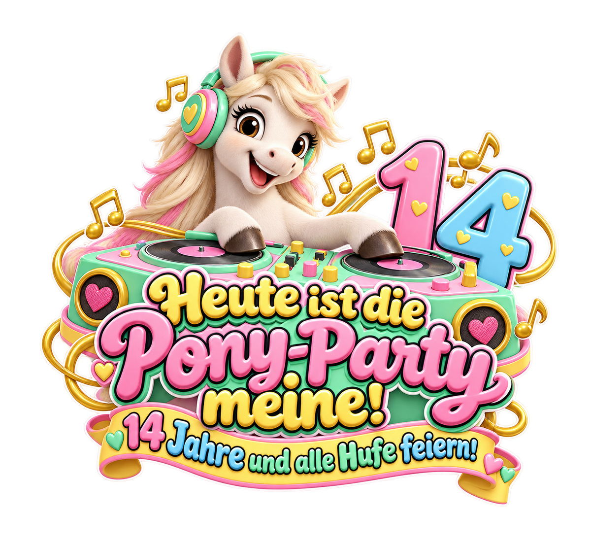 Motiv: Heute ist die Pony-Party meine! (14 Jahre) – Kinder-T-Shirt – KI-gestaltetes Pferdemotiv