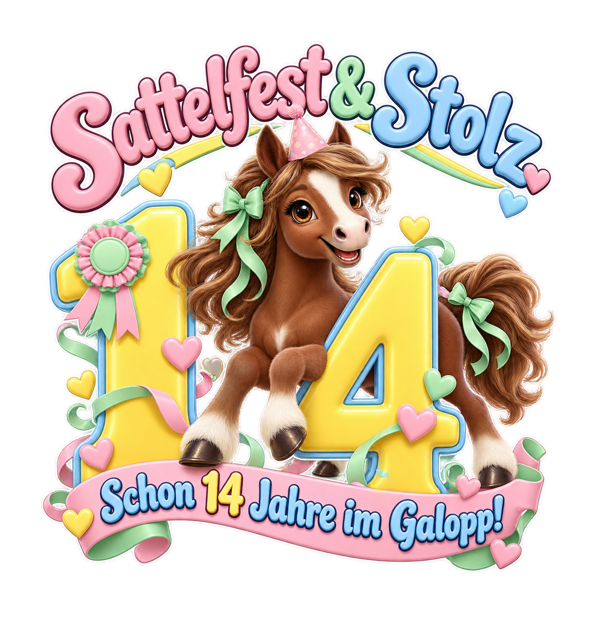 Motiv: Sattelfest und Stolz (14 Jahre) – Kinder-Hoodie – KI-gestaltetes Pferdemotiv