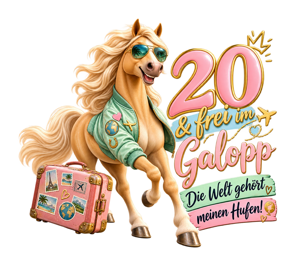 Motiv: 20 und frei im Galopp! – Pullover mit Rückendruck – KI-gestaltetes Pferdemotiv