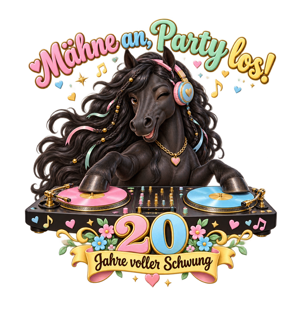 Motiv: Mähne an, Party los! – T-Shirt – KI-gestaltetes Pferdemotiv
