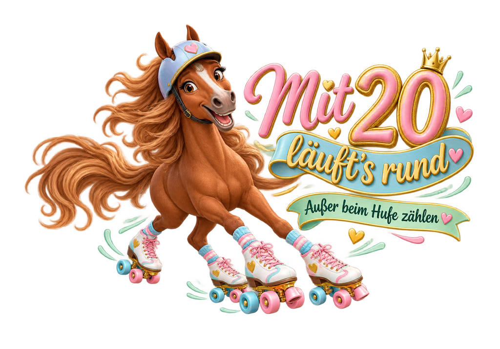 Motiv: Mit 20 läuft's rund! – T-Shirt – KI-gestaltetes Pferdemotiv