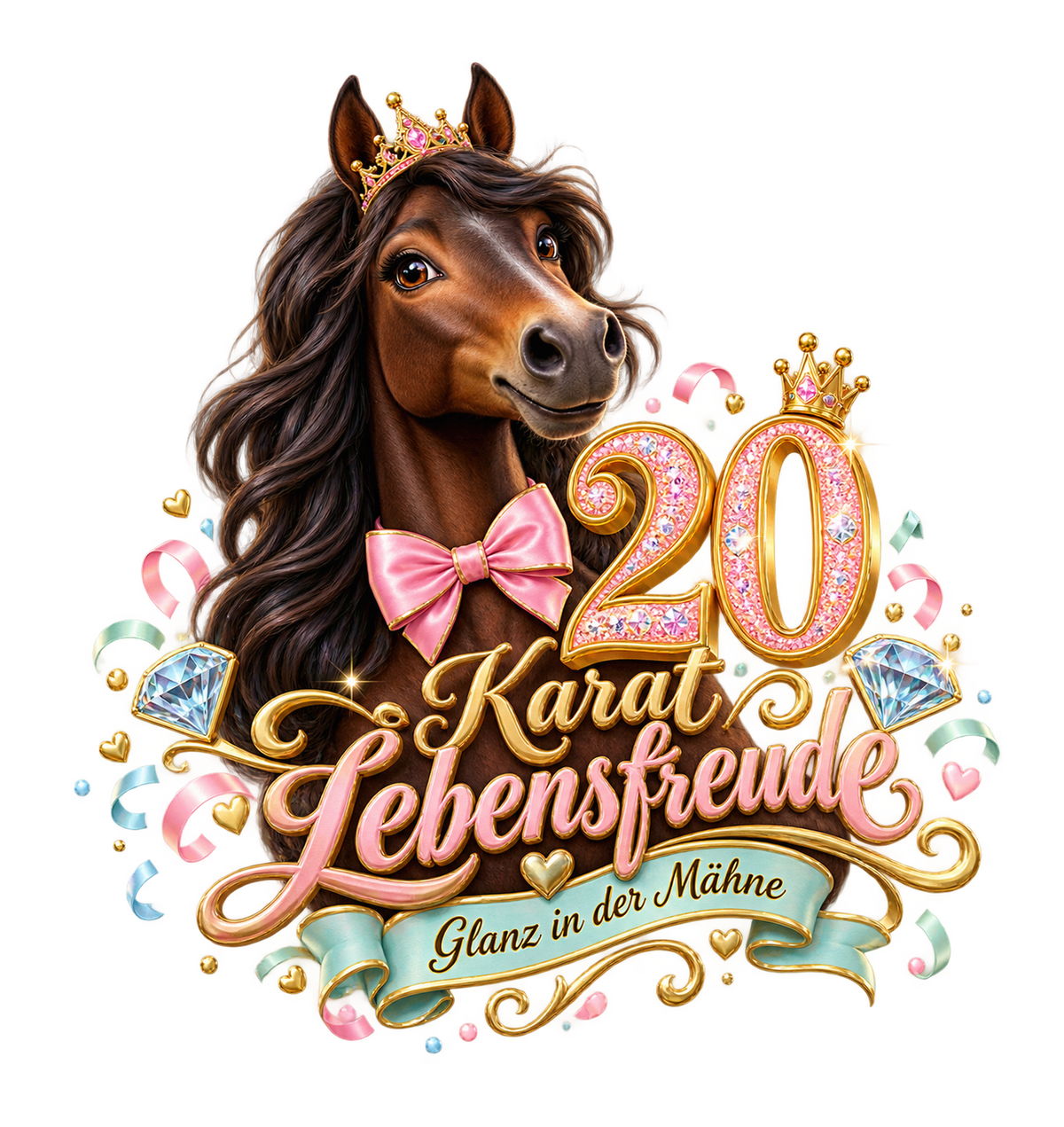 Motiv: 20 Karat Lebensfreude – T-Shirt – KI-gestaltetes Pferdemotiv