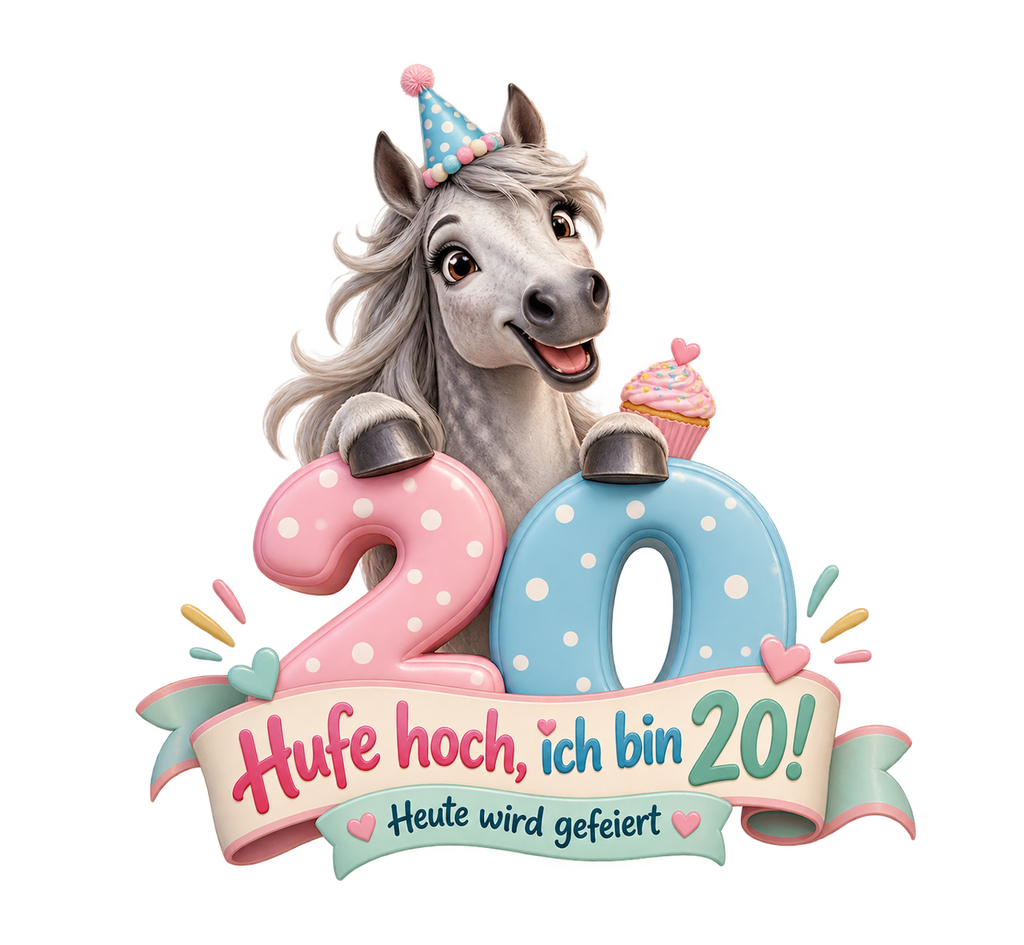 Motiv: Hufe hoch, ich bin 20! – Pullover – KI-gestaltetes Pferdemotiv