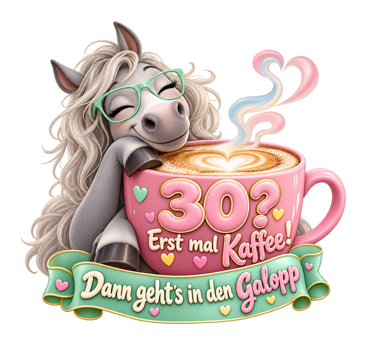 Motiv: 30? Erst mal Kaffee! – Pullover – KI-gestaltetes Pferdemotiv