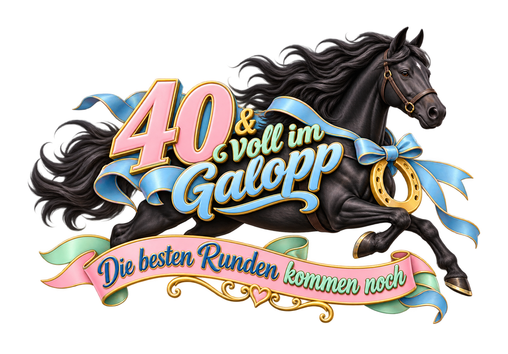 Motiv: 40 und voll im Galopp – T-Shirt – KI-gestaltetes Pferdemotiv