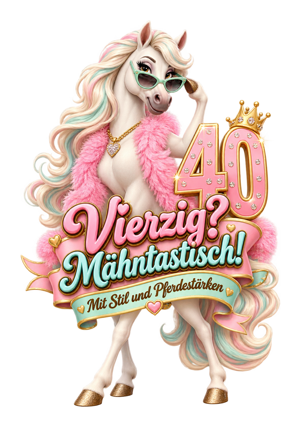 Motiv: Vierzig? Mähntastisch! – T-Shirt – KI-gestaltetes Pferdemotiv