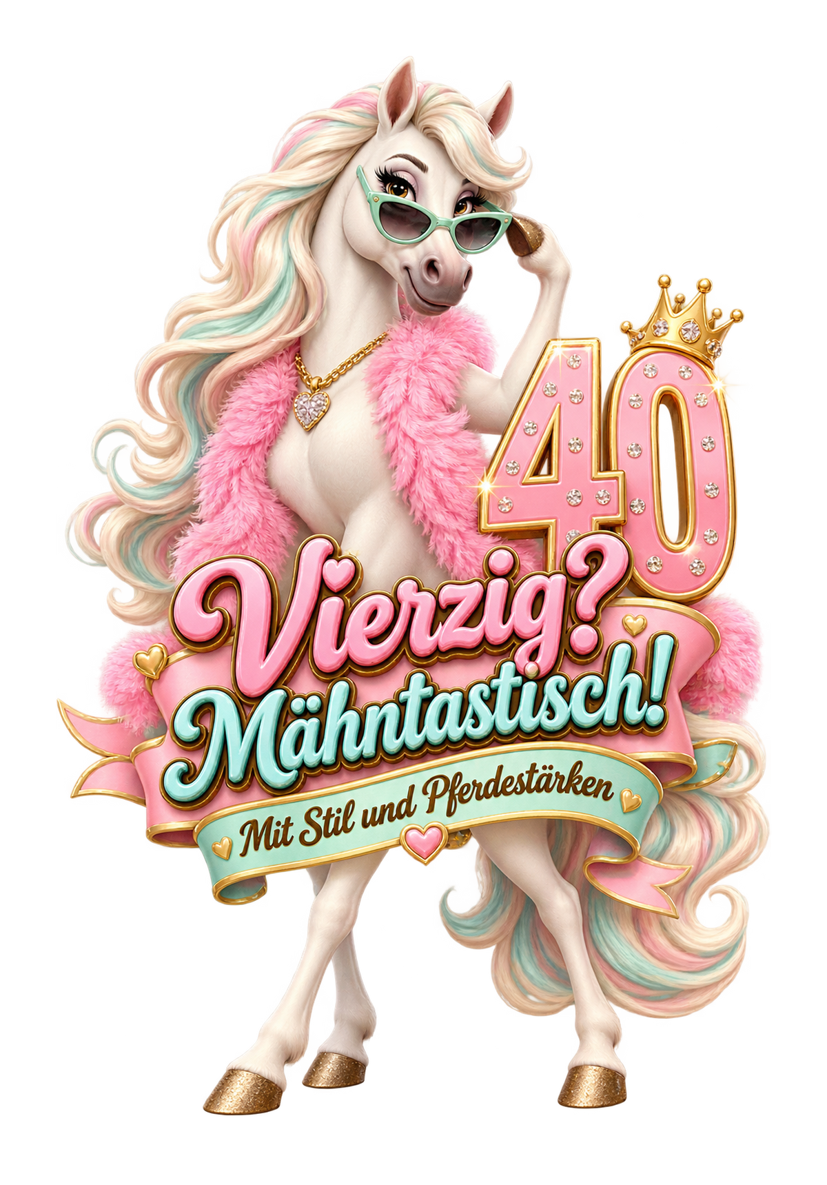 Motiv: Vierzig? Mähntastisch! – T-Shirt – KI-gestaltetes Pferdemotiv