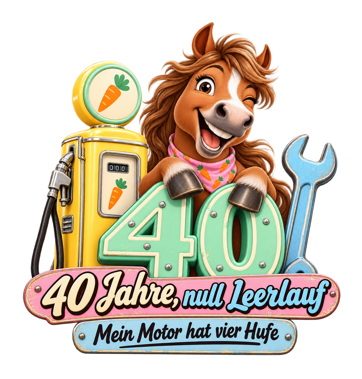 Motiv: 40 Jahre, null Leerlauf – Herren-T-Shirt – KI-gestaltetes Pferdemotiv