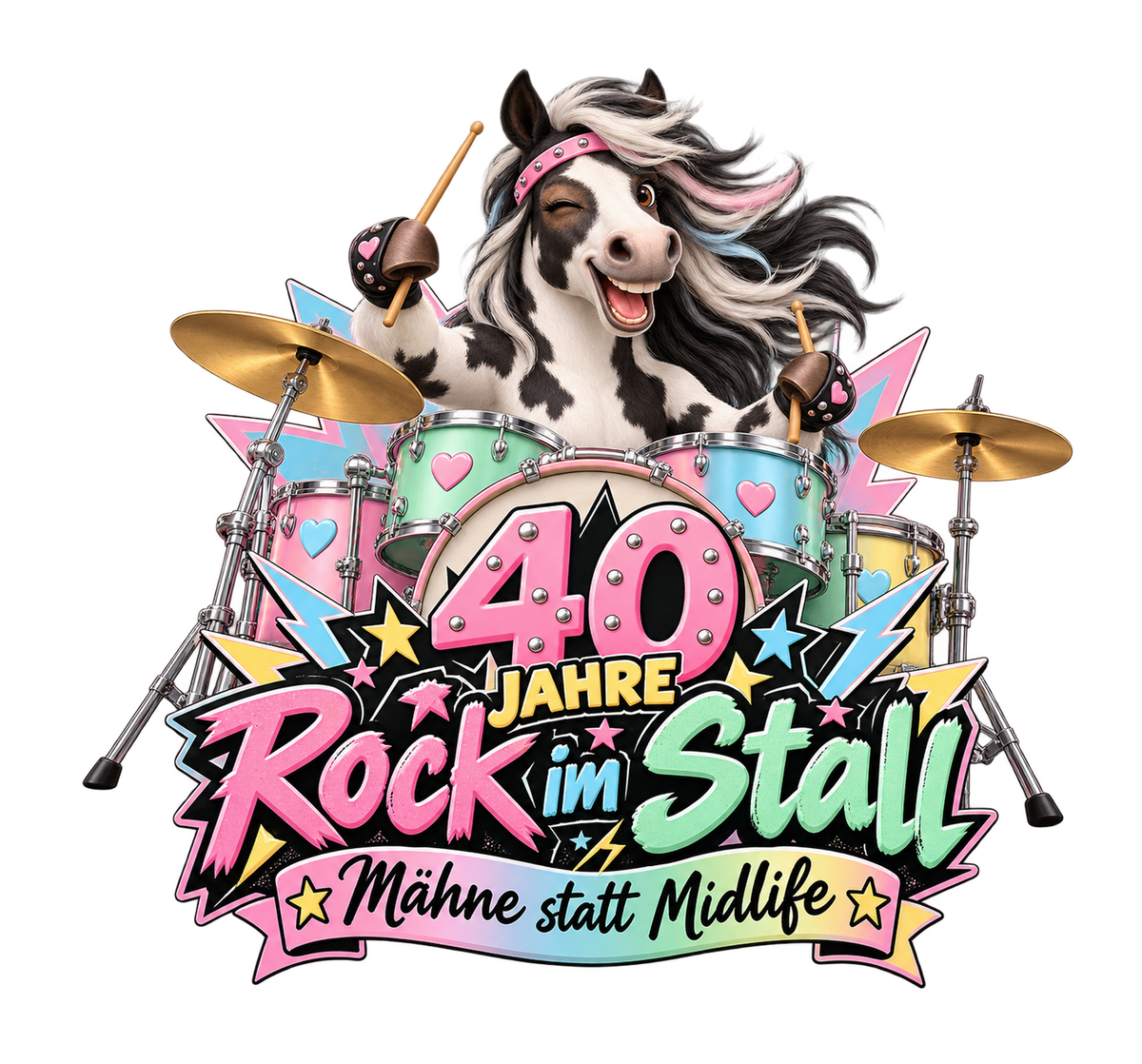 Motiv: 40 Jahre Rock im Stall – Cropped Hoodie – KI-gestaltetes Pferdemotiv