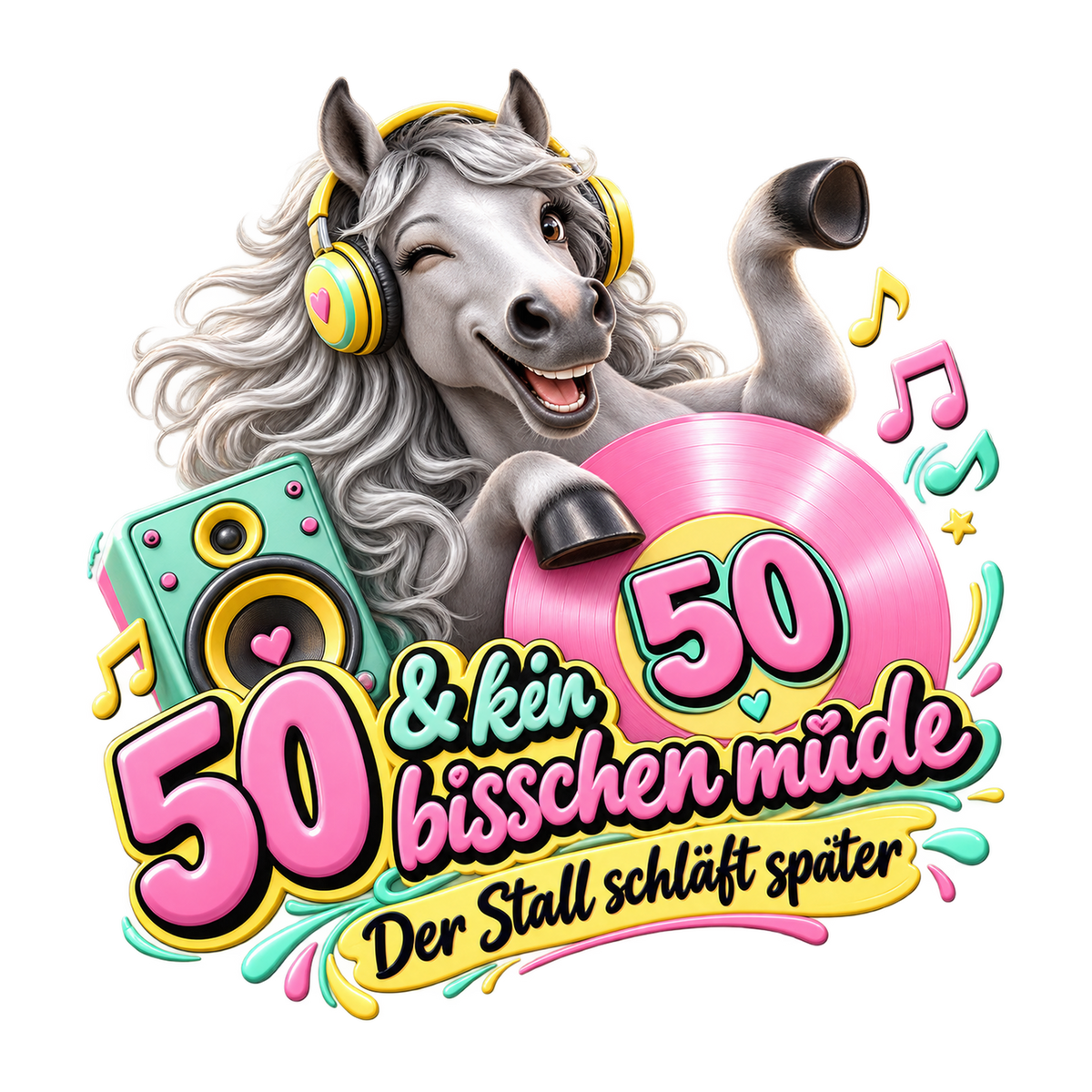 Motiv: 50 und kein bisschen müde – T-Shirt – KI-gestaltetes Pferdemotiv