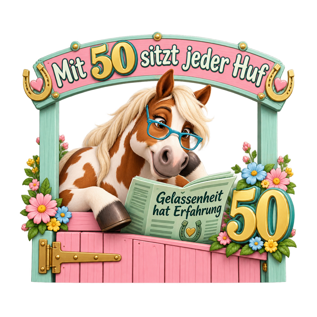 Motiv: Mit 50 sitzt jeder Huf – Pullover mit Rückendruck – KI-gestaltetes Pferdemotiv
