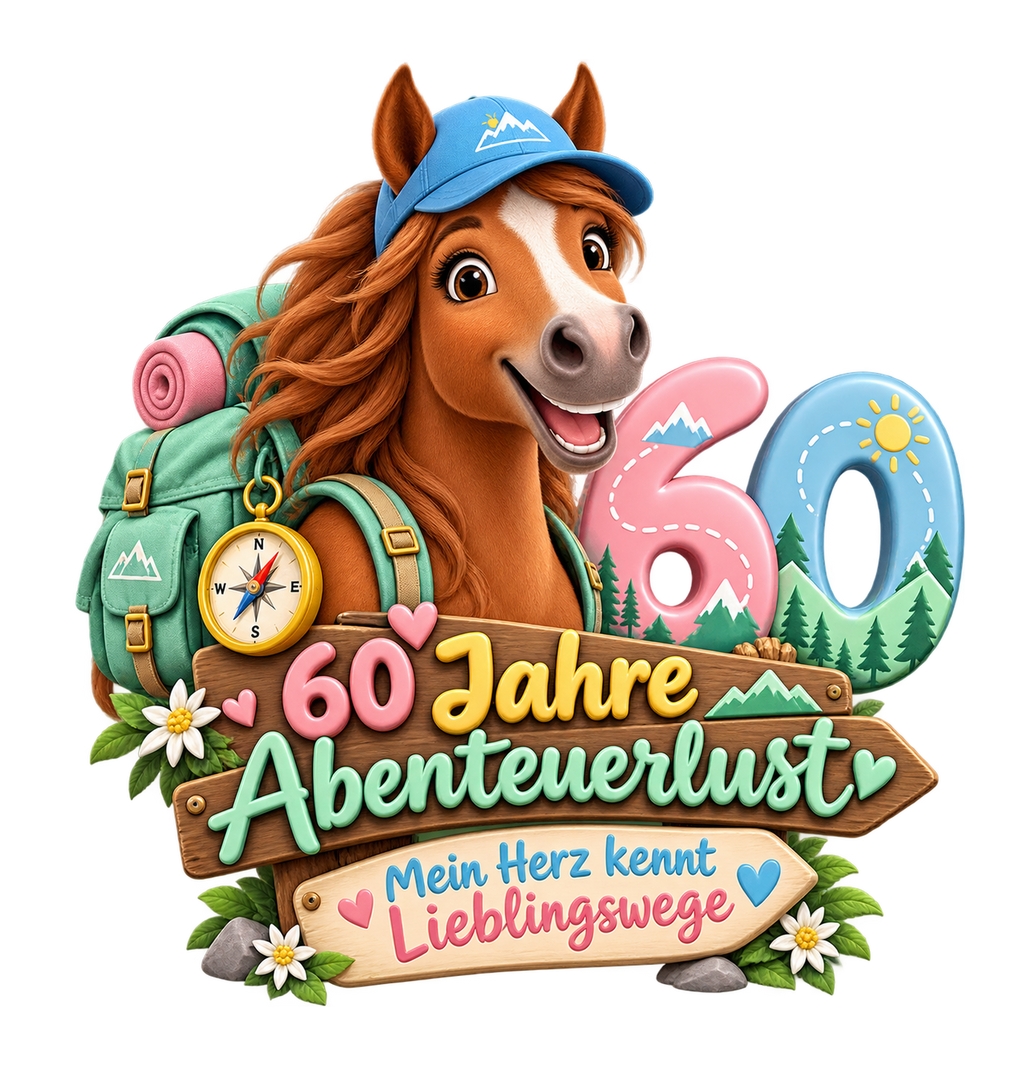 Motiv: 60 Jahre Abenteuerlust – Damen-Langarmshirt – KI-gestaltetes Pferdemotiv