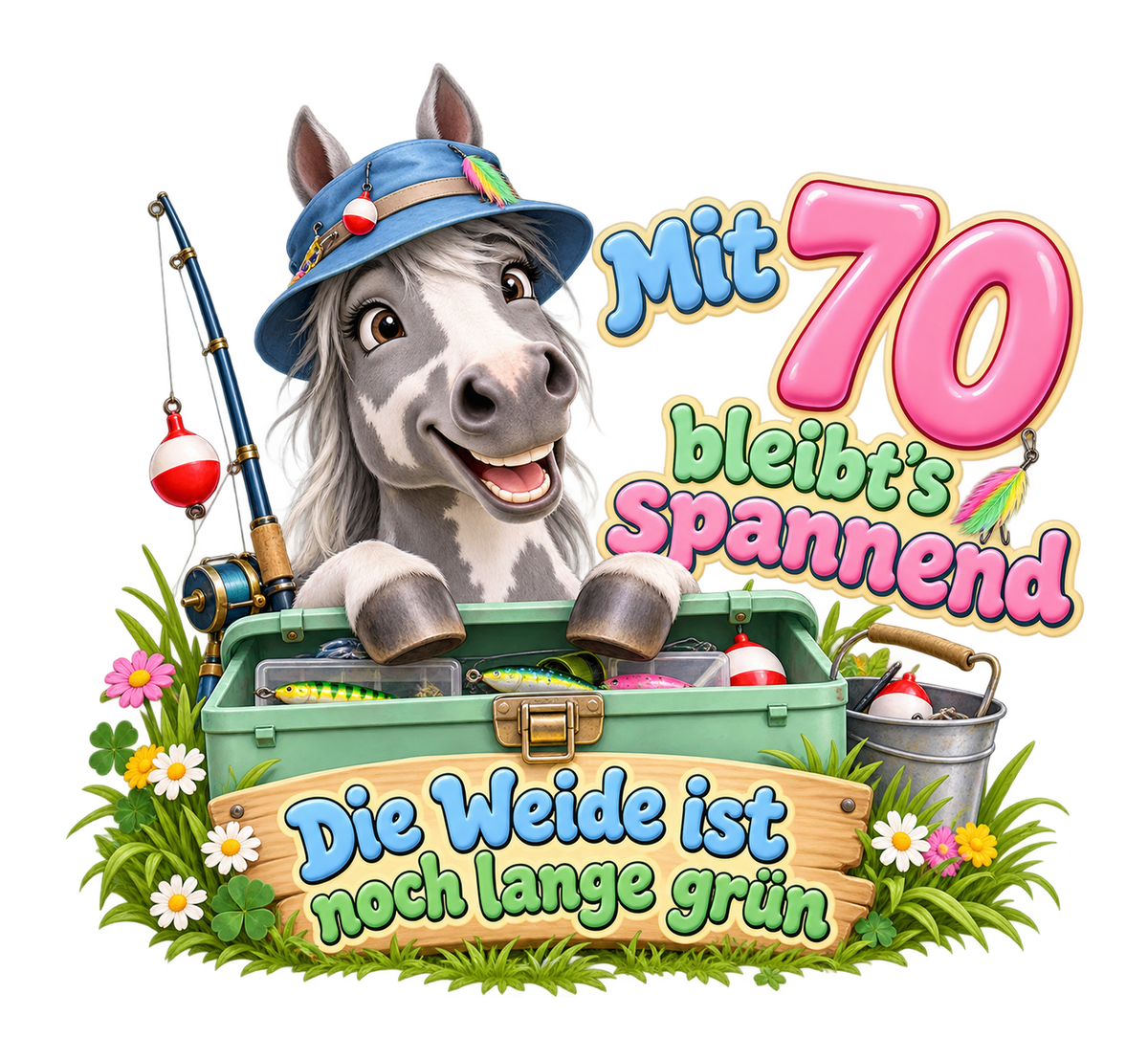 Motiv: Mit 70 bleibt's spannend – T-Shirt – KI-gestaltetes Pferdemotiv
