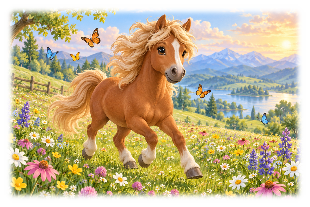 Motiv: Pony in der Blumenwiese – Kinder-Pullover – KI-gestaltetes Pferdemotiv