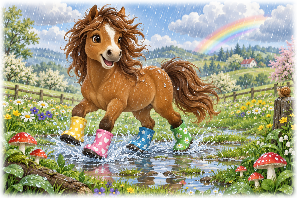 Motiv: Pony mit Gummistiefeln im Regen – Kinder-Pullover – KI-gestaltetes Pferdemotiv
