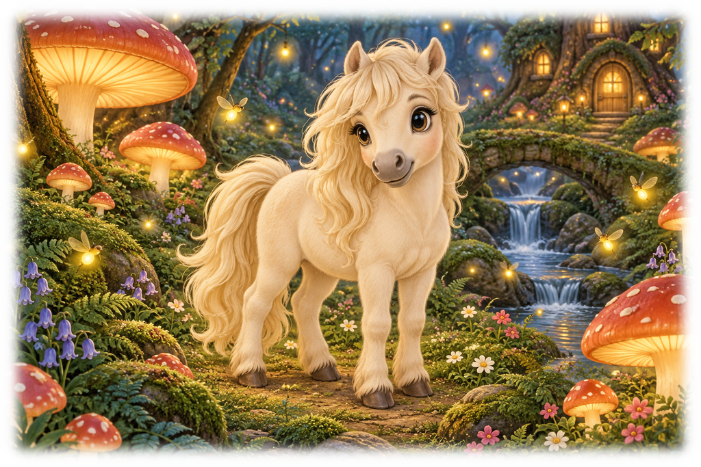 Motiv: Pony im märchenhaften Pilzwald – Kinder-Hoodie – KI-gestaltetes Pferdemotiv