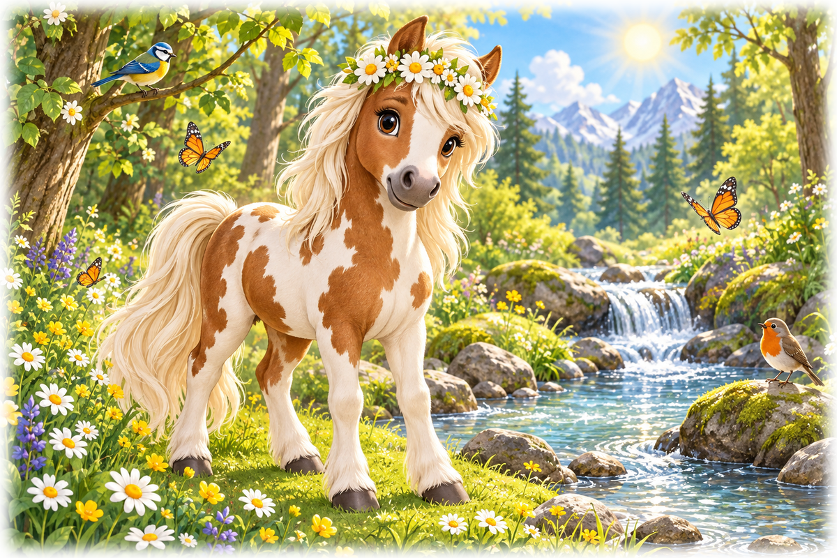 Motiv: Pony mit Gänseblümchenkranz am Bach – Kinder-Hoodie – KI-gestaltetes Pferdemotiv