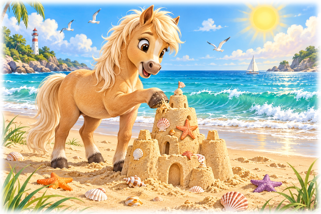 Motiv: Strandpony mit Sandburg – Kinder-Pullover – KI-gestaltetes Pferdemotiv