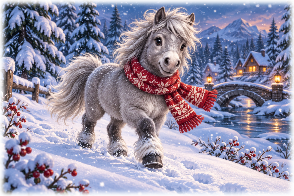 Motiv: Winterpony mit rotem Schal – Kinder-Hoodie – KI-gestaltetes Pferdemotiv