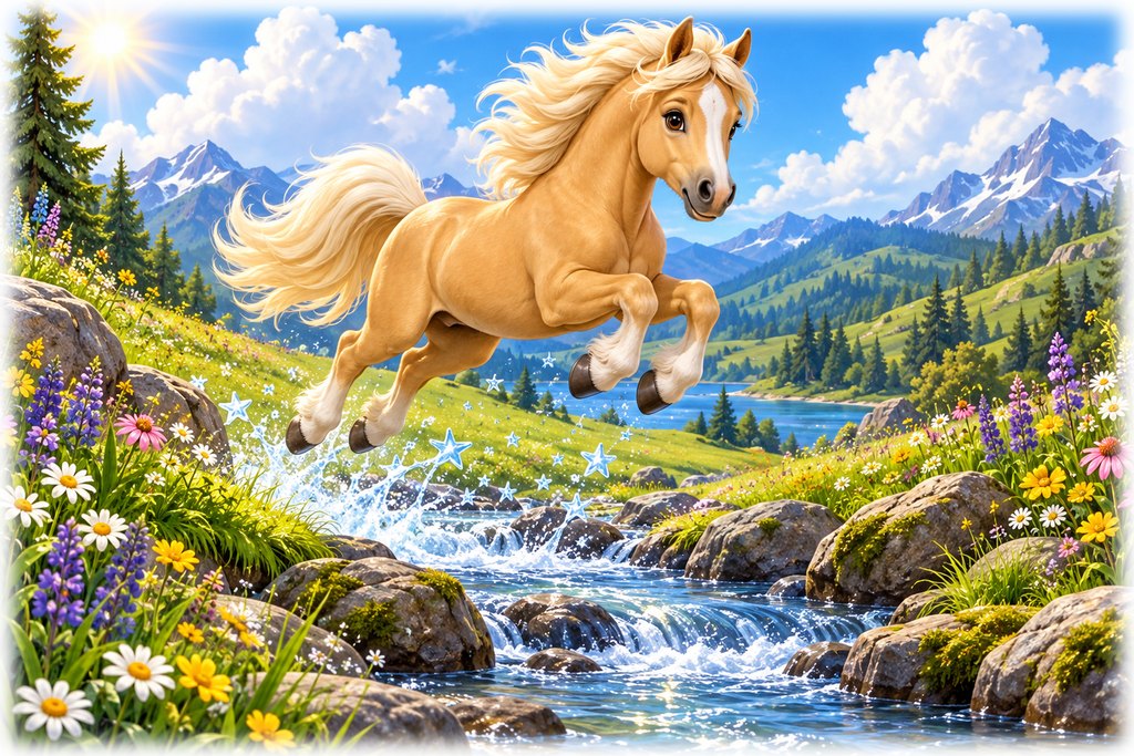 Motiv: Springendes Pony am Gebirgsbach – Kinder-Pullover – KI-gestaltetes Pferdemotiv