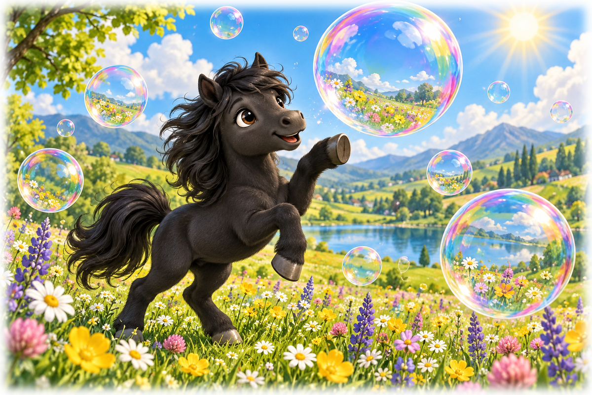 Motiv: Schwarzes Pony mit Seifenblasen – Kinder-Pullover – KI-gestaltetes Pferdemotiv