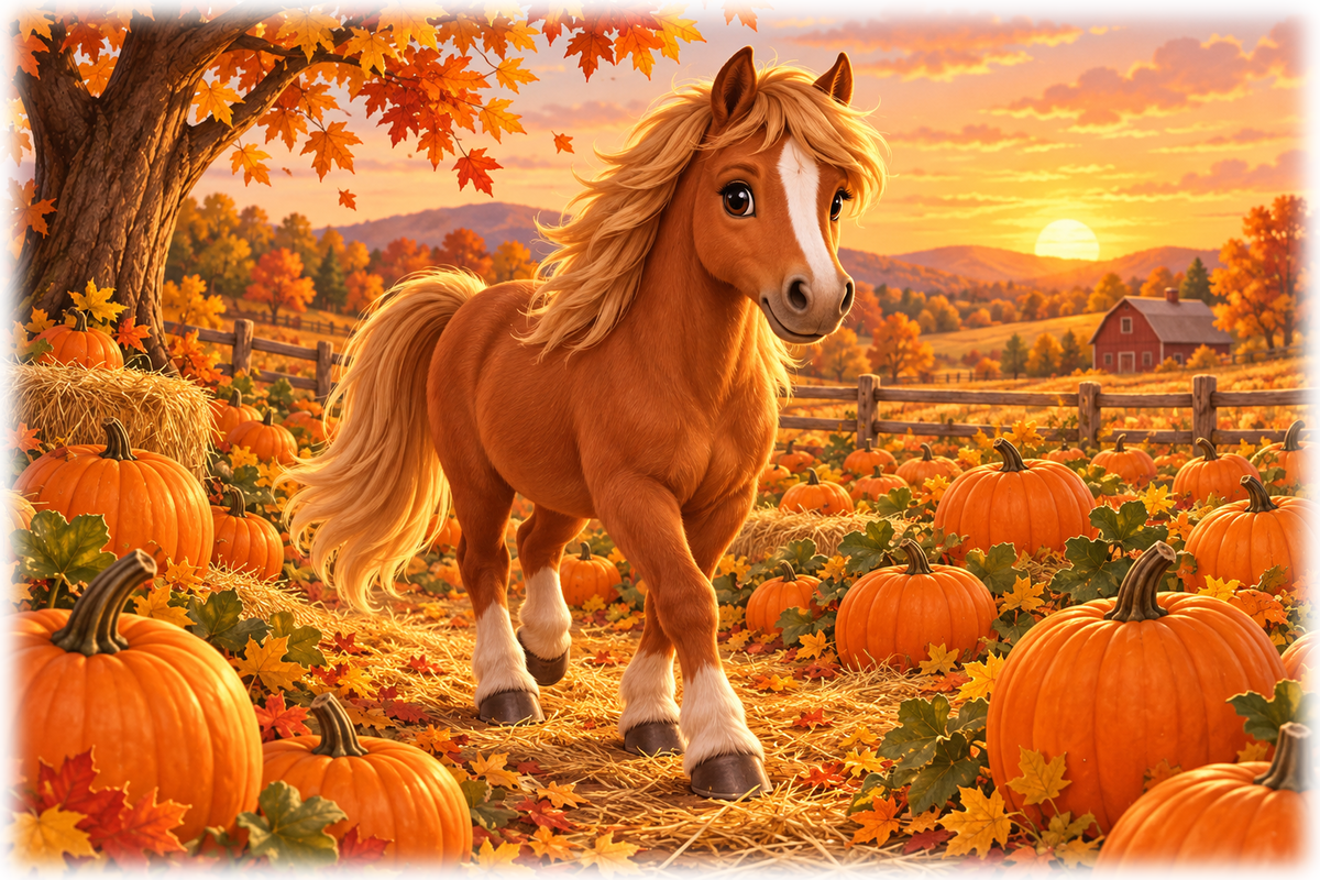 Motiv: Kürbispony im Herbstfeld – Kinder-Pullover – KI-gestaltetes Pferdemotiv
