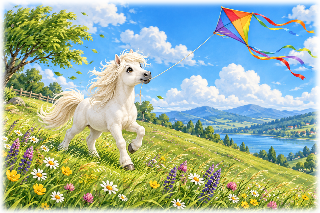 Motiv: Pony mit Drachen auf der Windwiese – Kinder-Pullover – KI-gestaltetes Pferdemotiv