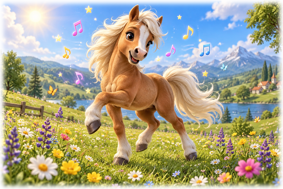 Motiv: Musikpony im Blumenfeld – Kinder-Hoodie – KI-gestaltetes Pferdemotiv