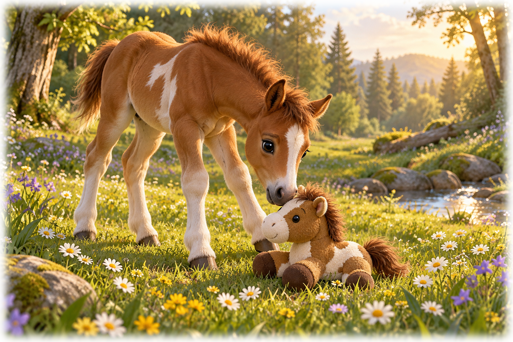 Motiv: Fohlen mit Kuscheltier im Gras – Kinder-Hoodie – KI-gestaltetes Pferdemotiv