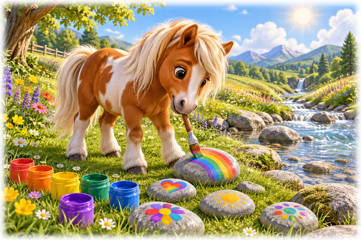 Motiv: Regenbogenfarbenes Malpony am Bach – Kinder-Pullover – KI-gestaltetes Pferdemotiv