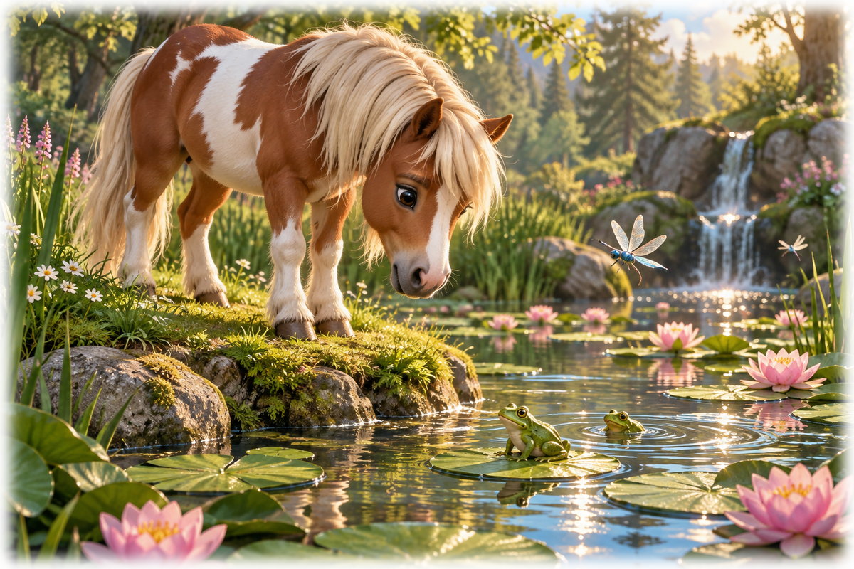 Motiv: Pony am Seerosenteich mit Libellen – Kinder-Hoodie – KI-gestaltetes Pferdemotiv